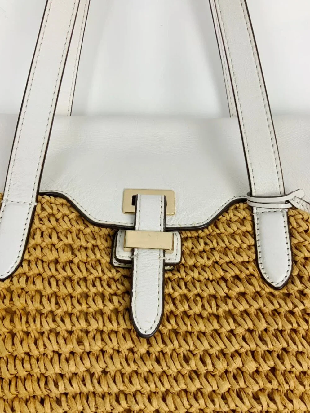 Michael Kors Naomi Straw Raffia Tote Bag White Leather Trim Vacation Summer